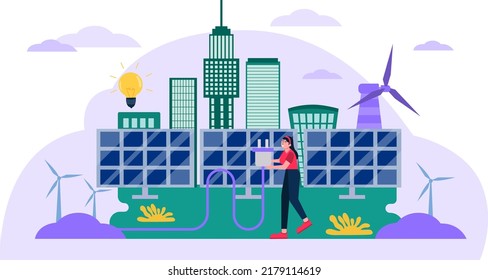 Flat illustration. Concept of working of solar panels. innovation of the future as renewable energy make the environment better.