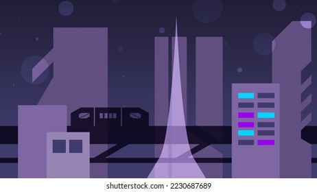Flat Illustration Conceptual art of Modern Metropolis Buildings at Night, with Running Train