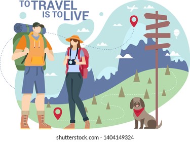 Flat illustration conceptual of To Travel Is To Live with a young couple of tourists hiking with a backpack and camera in mountains with their pet dog with a sign board and map icons showing the route