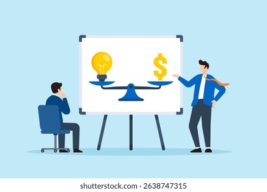 Flat illustration of confident businessman balancing lightbulb and dollar symbol on scale during sales pitch to client