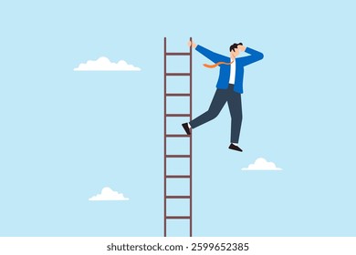 Flat illustration of confident businessman climb ladder high in sky looking toward future