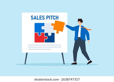 Flat illustration of confident businessman fitting final puzzle piece on whiteboard jigsaw to complete sales pitch strategy