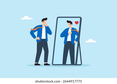Flat illustration of confident businessman looking at mirror with admiration symbolizing self-love self-esteem and positive thinking