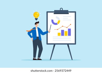 Flat illustration of confident businessman present sales pitch on whiteboard aiming to convince client of idea