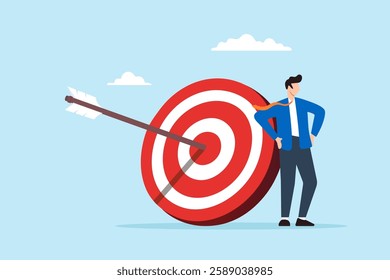 Flat illustration confident businessman stand next to archery target with arrow in bullseye symbolizing business success