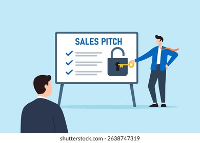 Flat illustration of confident businessman unlocking padlock on whiteboard to present sales pitch strategy to client
