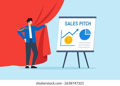 Flat illustration of confident businessman unveiling red curtain to reveal sales pitch presentation on whiteboard with charts and coin icon