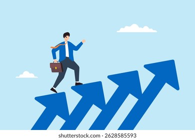 Ilustração plana de empresário confiante caminhando para cima em flechas crescentes crescimento de carreira sucesso de negócios meta alcançar a liderança para alcançar a meta