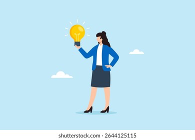 Flat illustration of confident businesswoman holding glowing light bulb in hand to represent creative business idea and innovation leadership