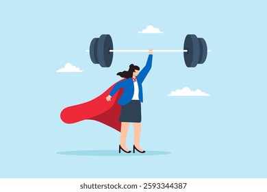 Flat illustration confident businesswoman superhero lifting heavy weight symbolizing strength and leadership