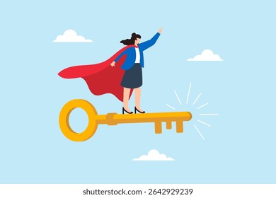 Flat illustration of confident businesswoman in superhero cape standing on flying golden key to represent leadership empowerment and unlocking success