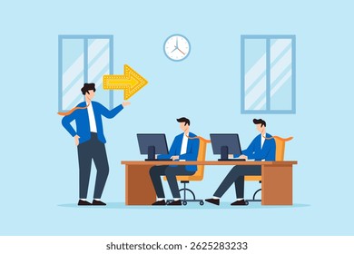 Flat illustration of confident team leader finding solution with glowing yellow arrow while guiding team members working at desks in modern workspace