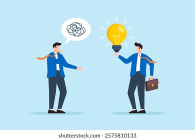 Flat illustration of confused businessman with messy thought receive lightbulb solution from colleague solving problem