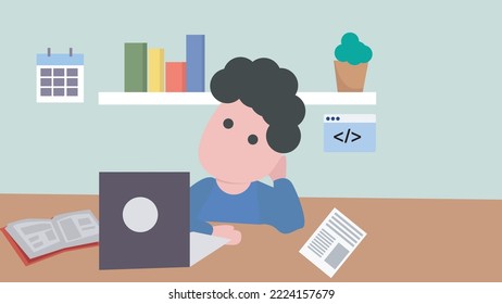flat illustration of a confused person learning coding in the room