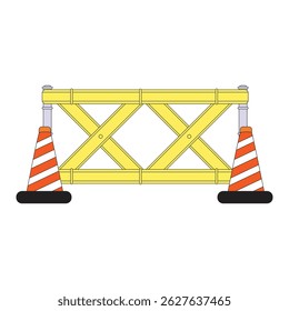 Ilustração plana de uma barreira rodoviária de construção com luzes de aviso e sinalização. Ideal para projetos sobre obras na estrada, manutenção, desenvolvimento urbano, alertas de segurança e visuais de controle de tráfego.