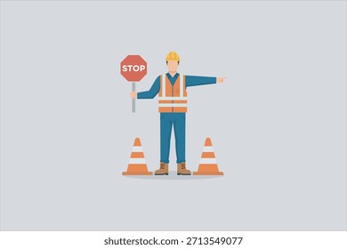 Flat illustration of a construction worker wearing safety gear, holding a stop sign and directing traffic between caution cones. Road safety, traffic control, and construction zone concept.