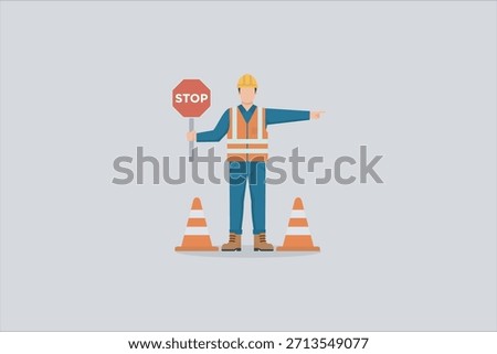 Flat illustration of a construction worker wearing safety gear, holding a stop sign and directing traffic between caution cones. Road safety, traffic control, and construction zone concept.