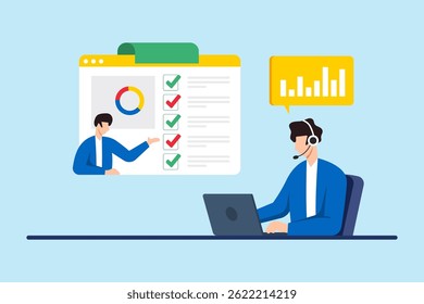 Ilustração plana de consultor comunicando tarefas com o cliente usando painel de controle e relatório de análise no serviço de suporte ao cliente remoto