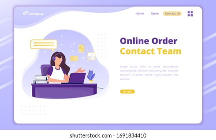 Flat illustration of contact team for online order business concept on landing page