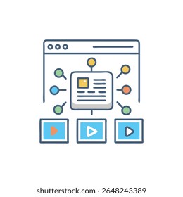 Ilustración plana de un sistema de distribución de contenido que muestra el contenido de un Sitio web Video que se comparte en múltiples plataformas para marketing.