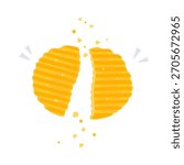 A flat illustration contrasting two types of crispy potato chips, flat-cut vs. crinkle-cut, broken in half with crumbs flying. Food Feast concept, perfect for snack, diet, or food texture concepts.