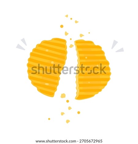 A flat illustration contrasting two types of crispy potato chips, flat-cut vs. crinkle-cut, broken in half with crumbs flying. Food Feast concept, perfect for snack, diet, or food texture concepts.