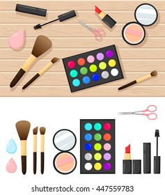 Flat illustration of cosmetic elements. Vector design of make up procedure. lipstick shadow concealer Beautyblender  eye mascara  nail varnish brushes for a make-up