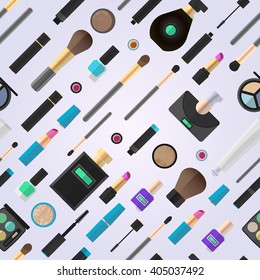 Flat illustration of cosmetic products. Seamless vector background.