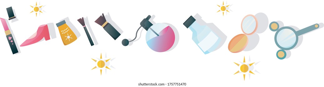 Flat illustration of a cosmetic set. lipstick, mirror, powder, mascara, cream tube, face makeup, perfume, beauty, sun cream, feminine, women's concept. Vector illustration of 10 EPS.