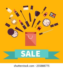 Flat illustration of cosmetics sale.Flat icon of cosmetics product. Vector flat design of make up. Vector flat design of make up procedure. Make up. Make up elements. Make up vector details. 