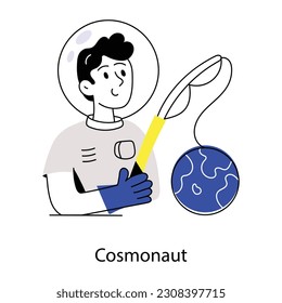 A flat illustration of cosmonaut holding fishing rod with planet 