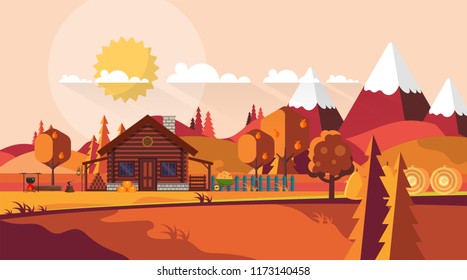 Flat illustration of Countryside Farm Landscape in Autumn. Vector Design.
