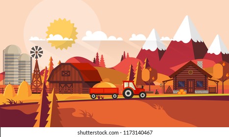 Flat illustration of Countryside Farm Landscape in Autumn. Vector Design.
