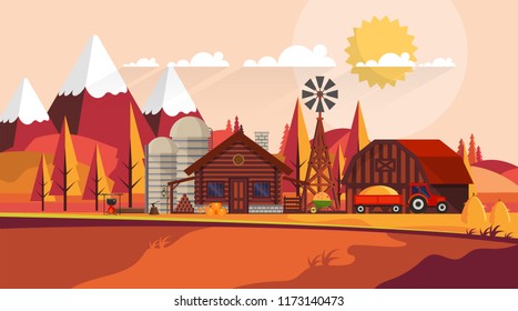 Flat illustration of Countryside Farm Landscape in Autumn. Vector Design.
