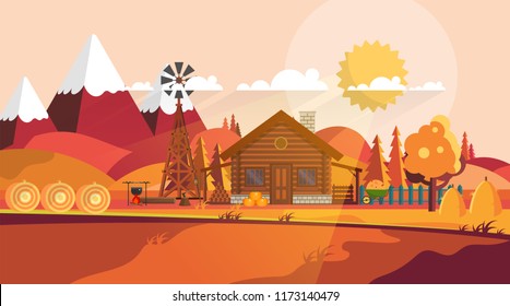Flat illustration of Countryside Farm Landscape in Autumn. Vector Design.

