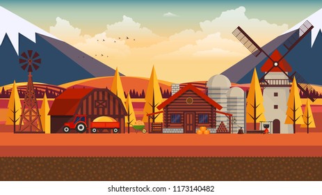 Flat illustration of Countryside Farm Landscape in Autumn. Vector Design.
