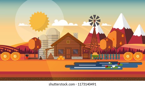 Flat illustration of Countryside Farm Landscape in Autumn. Vector Design.
