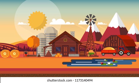 Flat illustration of Countryside Farm Landscape in Autumn. Vector Design.
