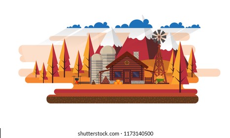 Flat illustration of Countryside Farm Landscape in Autumn. Vector Design.
