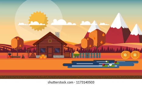 Flat illustration of Countryside Farm Landscape in Autumn. Vector Design.
