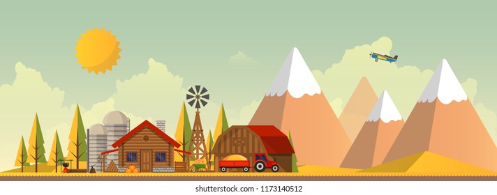 Flat illustration of Countryside Farm Landscape in Autumn. Vector Design.
