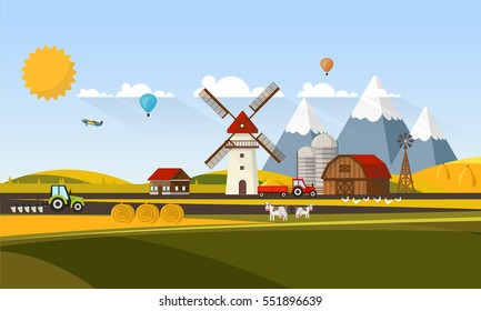 Flat illustration of Countryside Farm Landscape. Vector Design. 