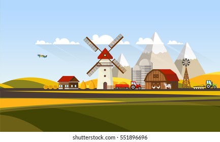 Flat illustration of Countryside Farm Landscape. Vector Design. 