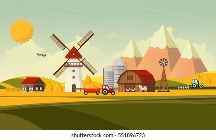 Flat illustration of Countryside Farm Landscape. Vector Design. 