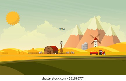 Flat Illustration Of Countryside Farm Landscape. Vector Design. 