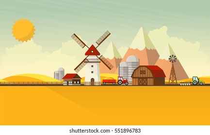 Flat illustration of Countryside Farm Landscape. Vector Design. 