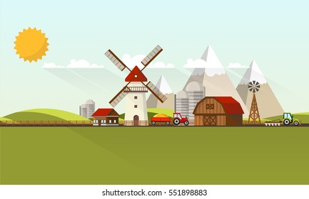 Flat illustration of Countryside Farm Landscape. Vector Design. 