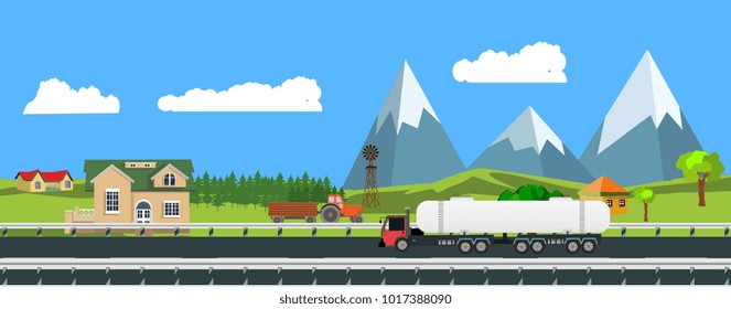 Flat illustration of countryside landscape, road with truck