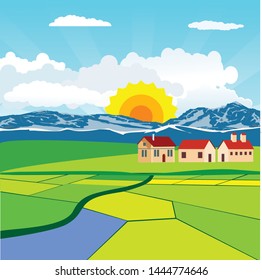 Flat illustration of Countryside view, farm village in summer Landscape vector. Sun and sun rays
