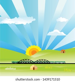 Flat illustration of Countryside view,  nomad houses, train on bridge on summer Kazakhstan Landscape vector. Sun and sun rays
